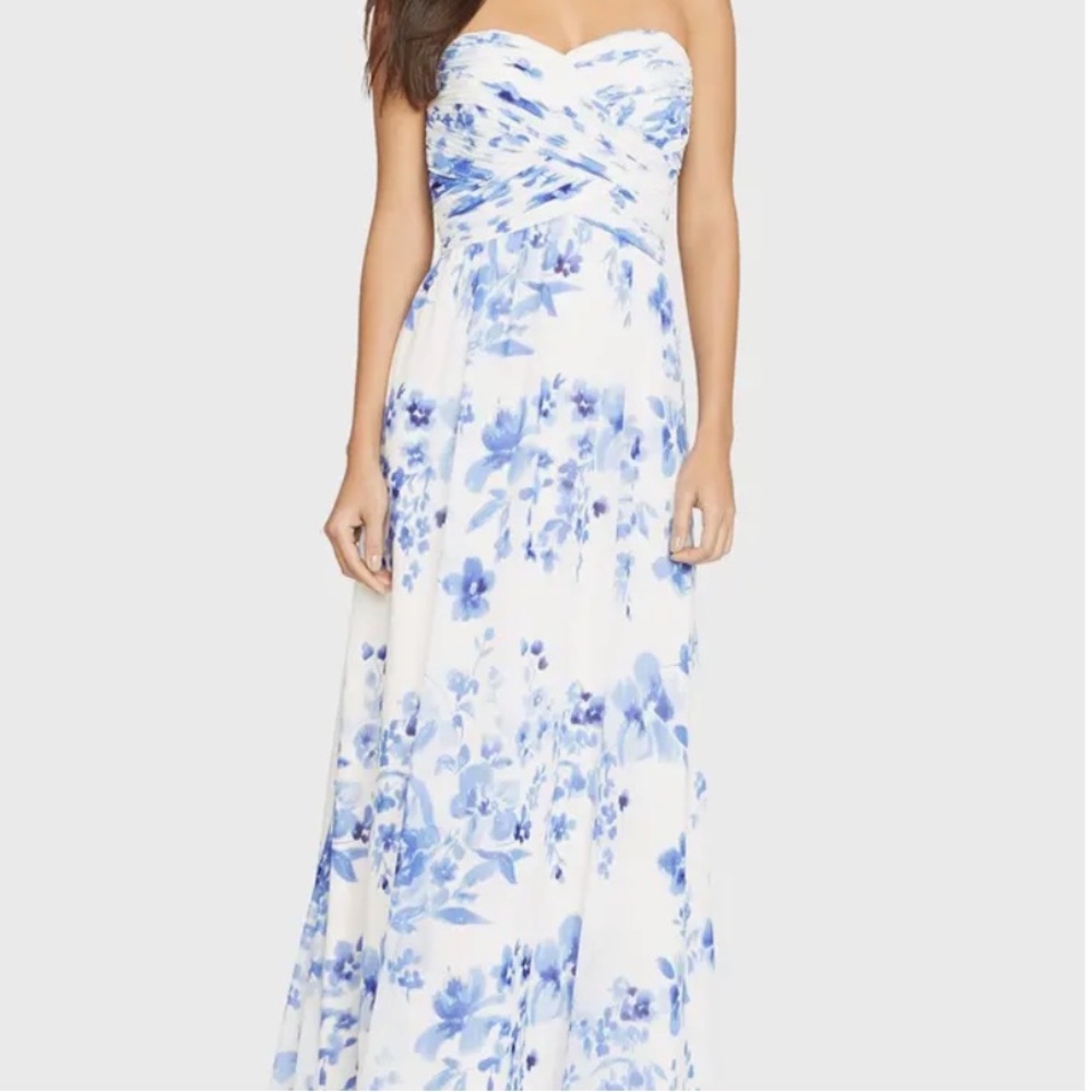 Ralph Lauren White and Blue Floral Strapless Dress